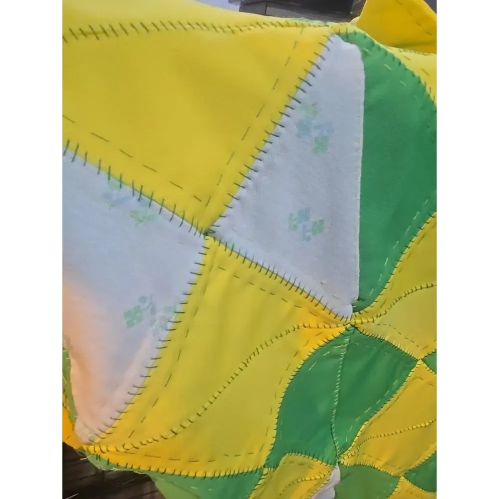 Vintage‎ Hand Stitched Patchwork Quilt Mid Century Triangle Green~ Yellow